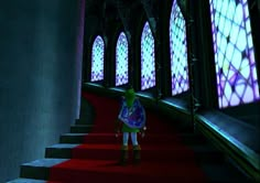 an animated character is walking down the red carpeted stairs in front of stained glass windows