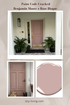 the front door is painted pink and has two potted plants