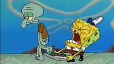 spongebob is pushing the cart with his head in it and an angry man looks on