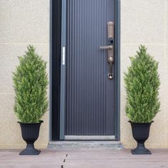 two large black planters sitting in front of a door with a handle on it