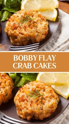 crab cakes with lemon wedges and herbs on top