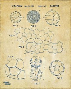 an old paper drawing with different shapes and sizes on it, including the balls in blue ink