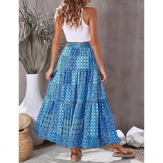 Blue Bohemia Print Tie Waist Maxi Skirt Light Blue Lined Skirt For The Beach, Light Blue Beach Skirt, Light Blue Lined Skirt For Vacation, Light Blue Cotton Skirt For Vacation, Blue Midi Skirt For Vacation, Light Blue Long Skirt For Beach, Light Blue Long Beach Skirt, Light Blue Skirt For Vacation, Light Blue Tiered Skirt For Vacation