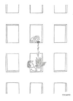 a drawing of windows with flowers and plants in them