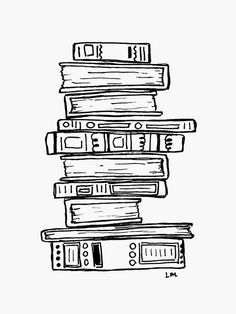 a black and white drawing of books stacked on top of each other