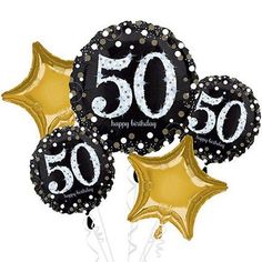 black and gold 50th birthday balloon bouquet