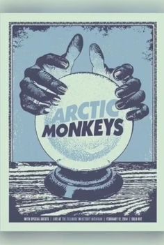 the arctic monkeys poster with two hands holding a ball in front of it, on a blue