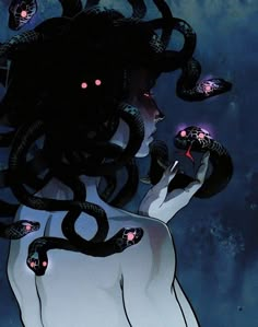 an image of a woman with tentacles on her head and hands in the air, surrounded by snakes