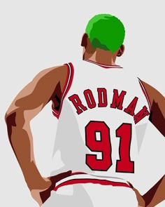 a drawing of a basketball player with his hands on his hips wearing a white jersey