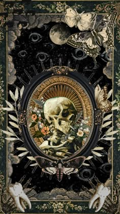 an artistic painting with skulls and flowers on black paper, surrounded by butterflies and moths