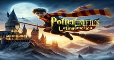 harry potter's flying on the broom in front of a castle