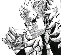 a drawing of a man holding a glass in one hand and looking at the other