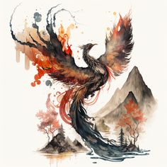 an artistic painting of a bird with orange and red feathers flying over water, surrounded by mountains