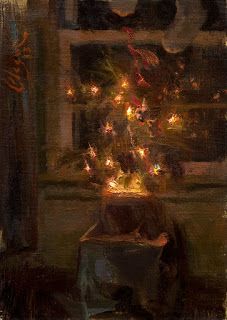 a painting of a cat sitting in front of a christmas tree with lights on it