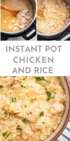 instant pot chicken and rice in a skillet with the words instant pot chicken and rice