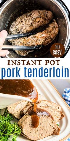 an instant pot pork tenderizer is being drizzled with bbq sauce