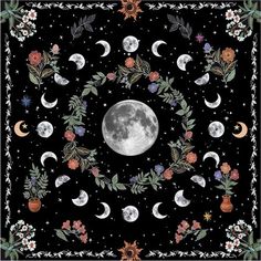 a black square scarf with the moon and flowers on it, in front of a dark background