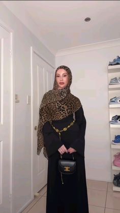 cheetah print cheetah print hijab black dress modest fashion hijabi fashion hijabi outfit Leopard Print Hijab Outfit, Cheetah Print Hijab, Printed Hijab Outfit, Black Dress Hijab, Hijabi Soiree, Baddie Hijabi Outfits, Black Dress Modest, Blonde Glamour, Dinner Outfit Classy