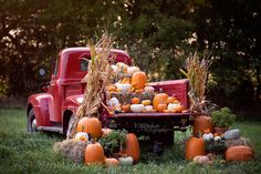 an old red truck filled with pumpkins and gourds sitting in the grass