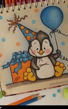 a drawing of a penguin with a birthday hat and balloon on it's head