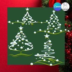 a christmas card with three trees on it