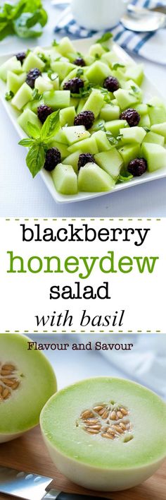 black berry honeydew salad with basil and avocado on a white plate