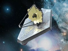 an artist's rendering of a satellite in space with stars and dust around it