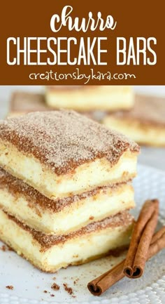 three pieces of cheesecake bars stacked on top of each other with cinnamon sprinkles