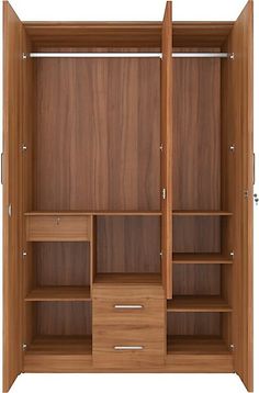 an open wooden wardrobe with drawers and shelves