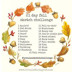 the 21 day fall sketch challenge is shown with leaves and acorns around it