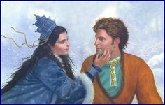 a painting of a man and woman in winter clothes