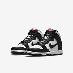 Brand: Nike Model: Dunk High (GS) Nickname: 'Panda Black / White'Colorway: White / Black - University RedSKU: DB2179-103Release Date: 05/28/2021 Nike Dunk High Women, Nike Dunk High Panda, Nike Models, White High Tops, Dunk High, Nike Dunk High, Shoes Nike, Nike Dunk, Nike Dunks