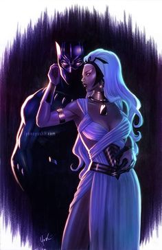 a woman in a white dress standing next to a man with a black mask on