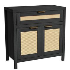 a black cabinet with two doors and wicker panels on the bottom, against a white background