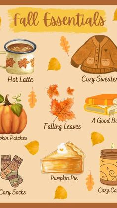 the fall essentials poster is shown with autumn leaves, pumpkins and other items