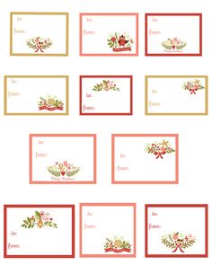 printable christmas place cards with holly wreaths and bows on red, yellow and green