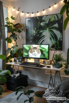 a computer screen sitting on top of a desk next to potted plants and lights