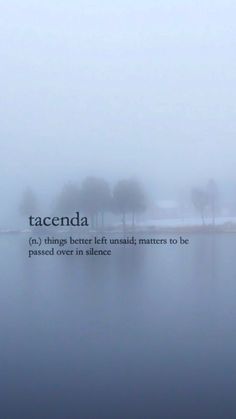 the words tacenda are written on a foggy lake with trees in the background