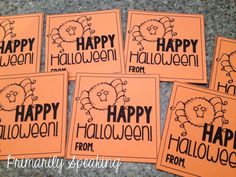 six happy halloween cards with the words happy written on them in black and orange colors