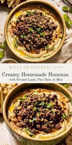 creamy homemade hummus with ground lamb, pine nuts and mint