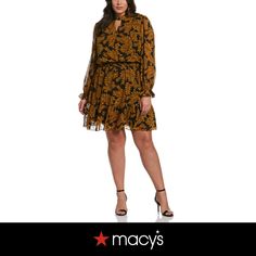 in stock Leaves Print Dresses, Contemporary Wardrobe, Leaves Print, Curvy Plus Size, Long Sleeve Print Dress, Black Long Sleeve Dress, Day Dress, Leaf Prints, Day Dresses