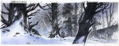 an ink drawing of trees in the snow