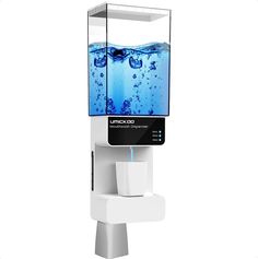 an automated water dispenser with blue liquid in it's display case