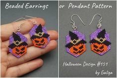 beaded earrings with pumpkins and witches on them are shown in two different colors