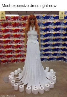 a woman in a white dress surrounded by rolls of toilet paper with the caption most expensive dress right now