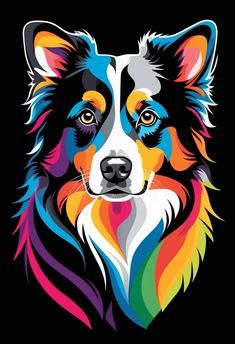 a colorful dog's face on a black background