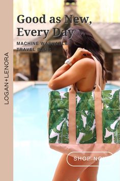 The Logan and Lenora palm print beach tote is everything you need to be pool side chic this summer. It is machine washable and waterproof and has a pocket for everything! The only beach tote you will ever want to use again! Pool Bag, Pool Bags, Pool Side