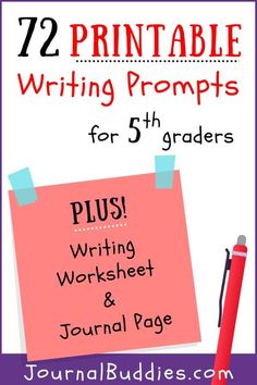 a pink post it note with the words, 12 printable writing prompts for 5th grade