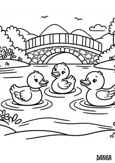 three ducks swimming in the water with a bridge in the background coloring pages for kids