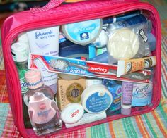 a pink bag filled with personal care items